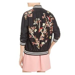 Alice and Olivia Lila Silk Embroidered Flower Full Zip Bomber Jacket Black XS